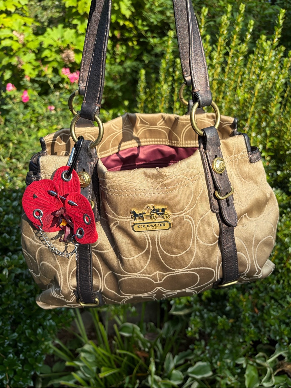 Coach Khaki Signature Satchel with Dark Brown Trim and Red Charm